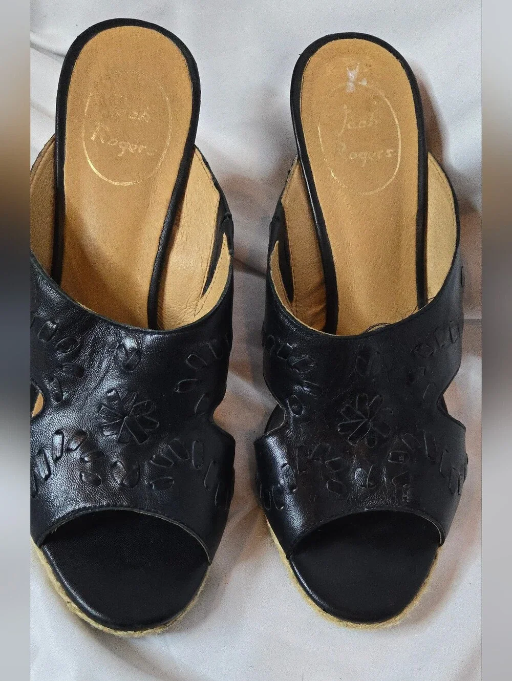 Jack Rogers Sophia Black Leather Women's 8 Espadrille Wedge Slide Sandals - Picture 3 of 9